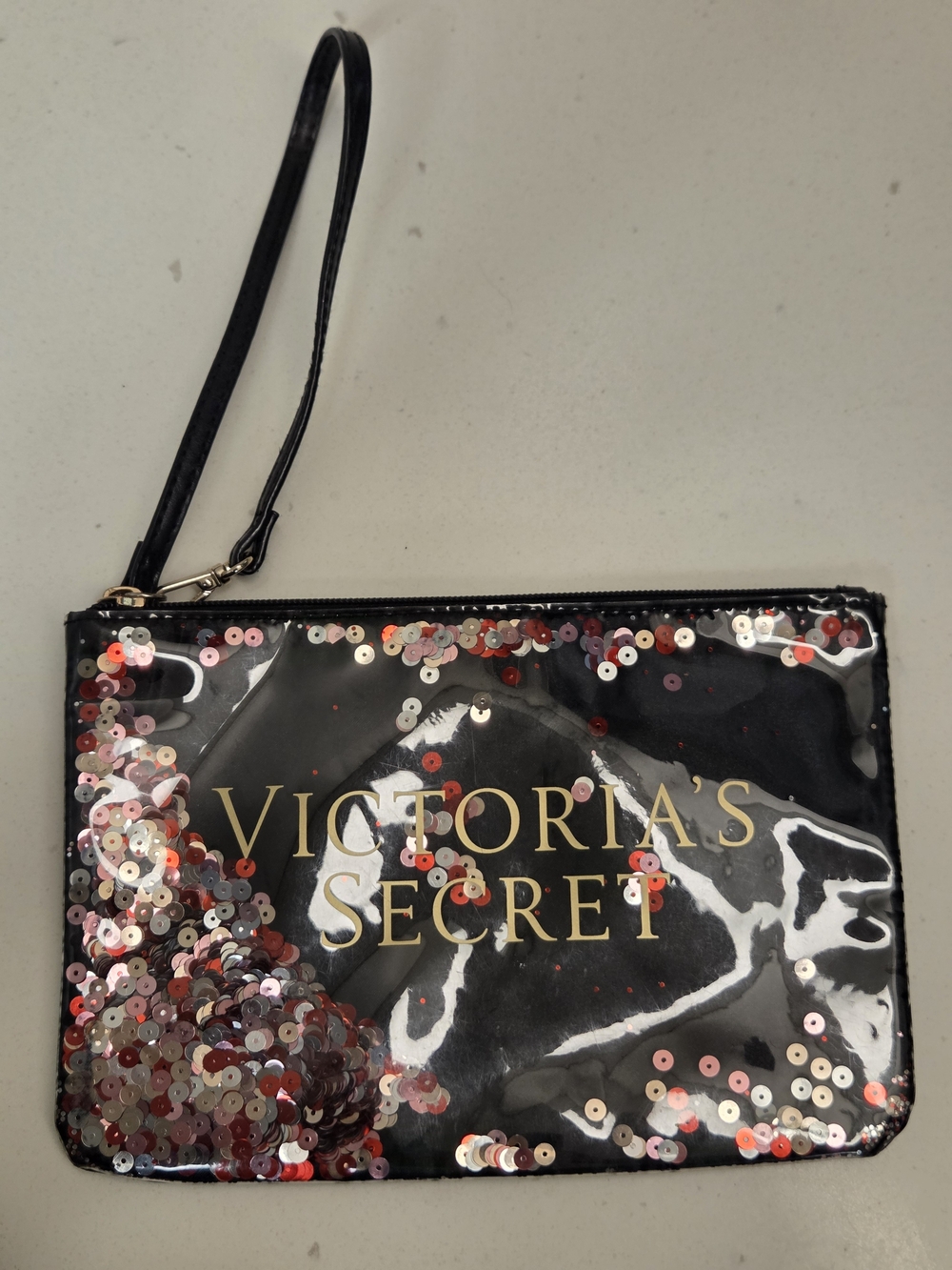 Victoria's Secret Black Sequin Wristlet with Gold Logo NWOT